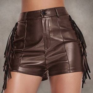 SHEIN High Waist Brown Leather Shorts with Fringe